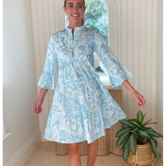 Sheridan French Caty Midi Dress Whimsical Island Sky Print Ruffle Sleeves XL NWT - Picture 2 of 8